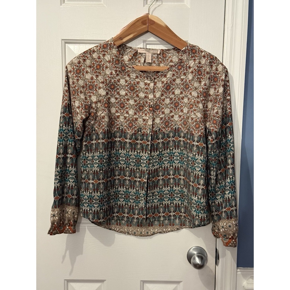 Forever 21 Women's‎ Multicolor Geometric Woven Polyester Button Blouse XS 3/4